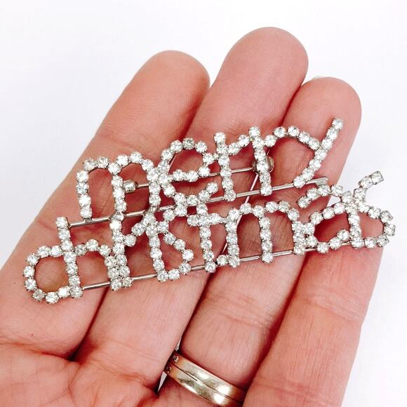 Rhinestone Merry Christmas Brooch Prong Set Silver Tone Sparkling Festive Pin - Picture 2 of 12